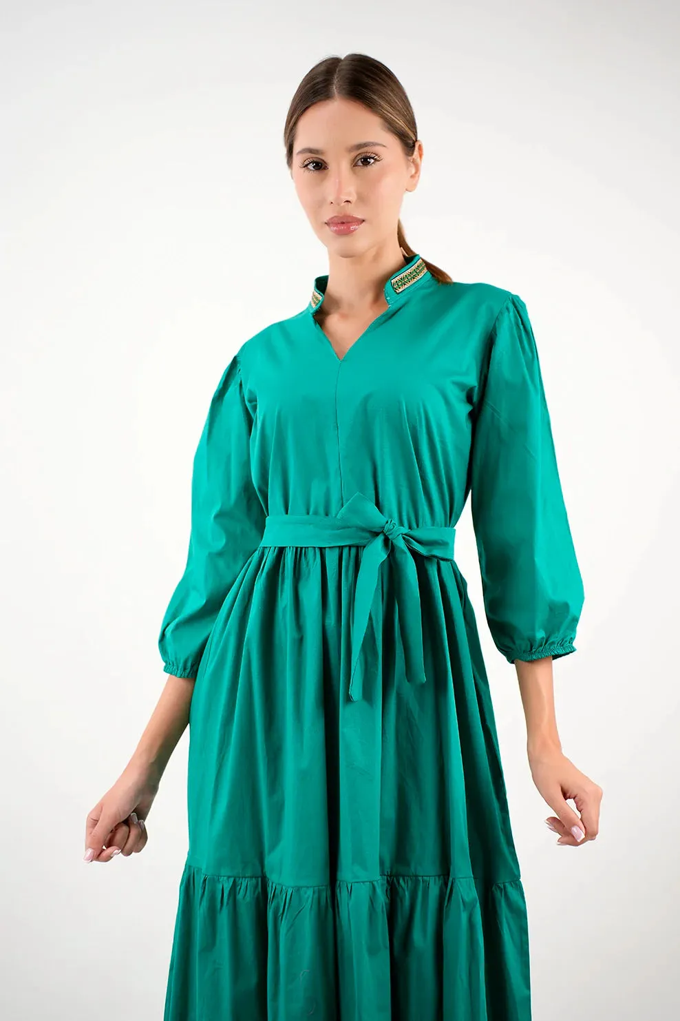 Long Sleeved Green Dress With Wing Collar