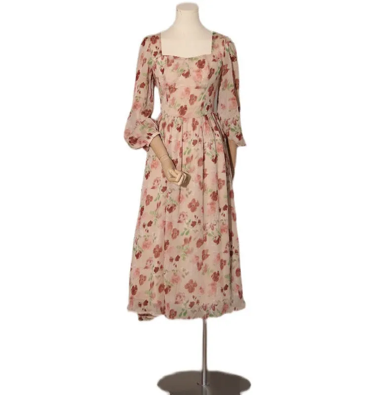 Long Sleeved Retro Style Floral Chiffon Summer Dress