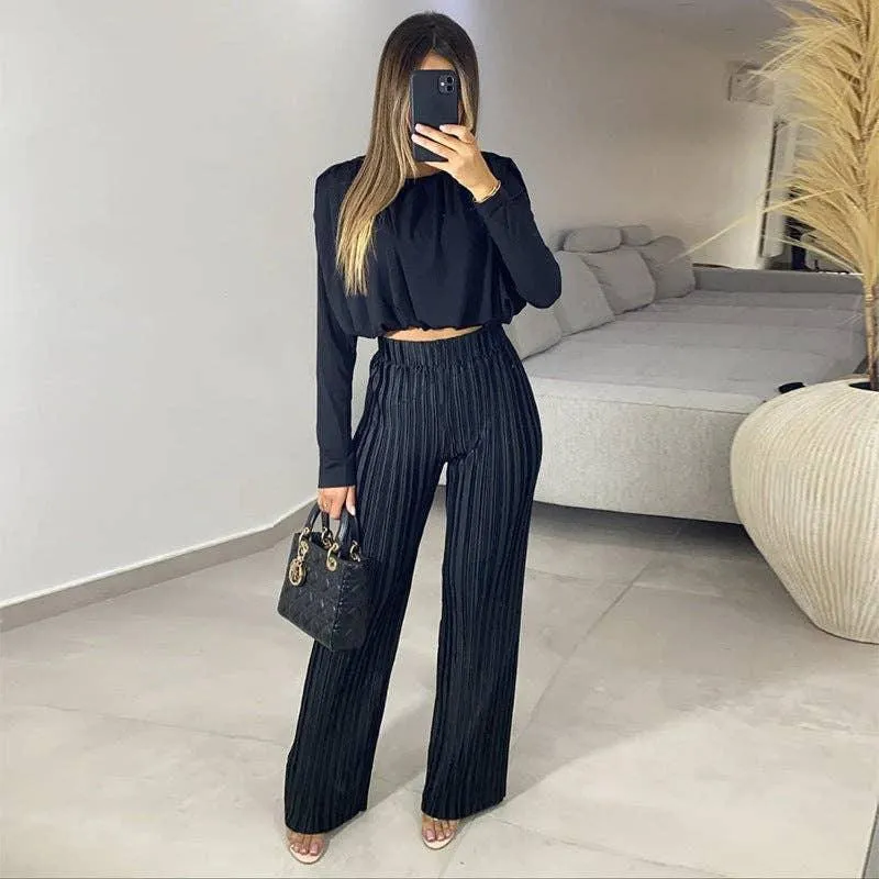 Long Sleeves Short Top High Waist Pants Ladies Set HK3009