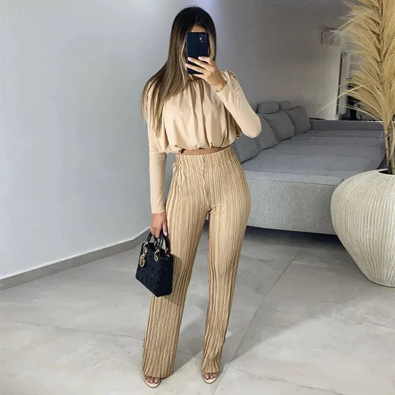 Long Sleeves Short Top High Waist Pants Ladies Set HK3009