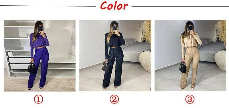 Long Sleeves Short Top High Waist Pants Ladies Set HK3009