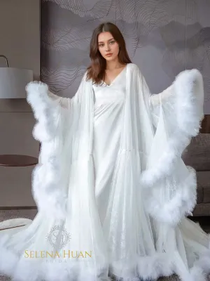 Luxury thick turkey feather fur fringe long bridal robe set with night gown