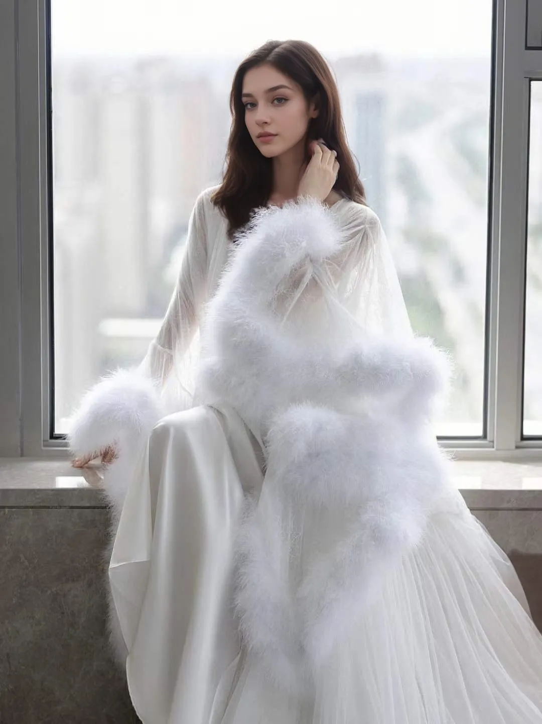 Luxury thick turkey feather fur fringe long bridal robe set with night gown