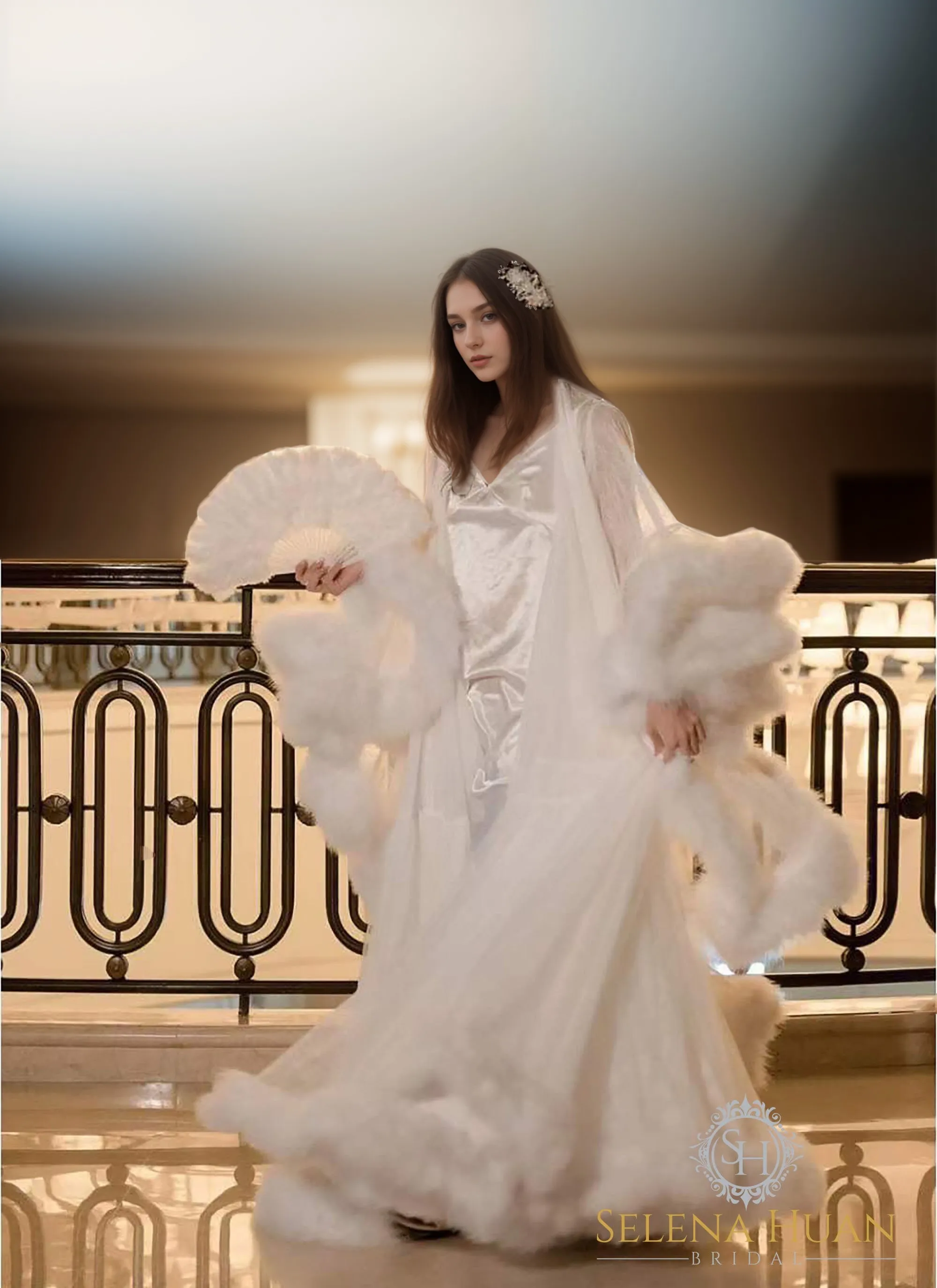 Luxury thick turkey feather fur fringe long bridal robe set with night gown