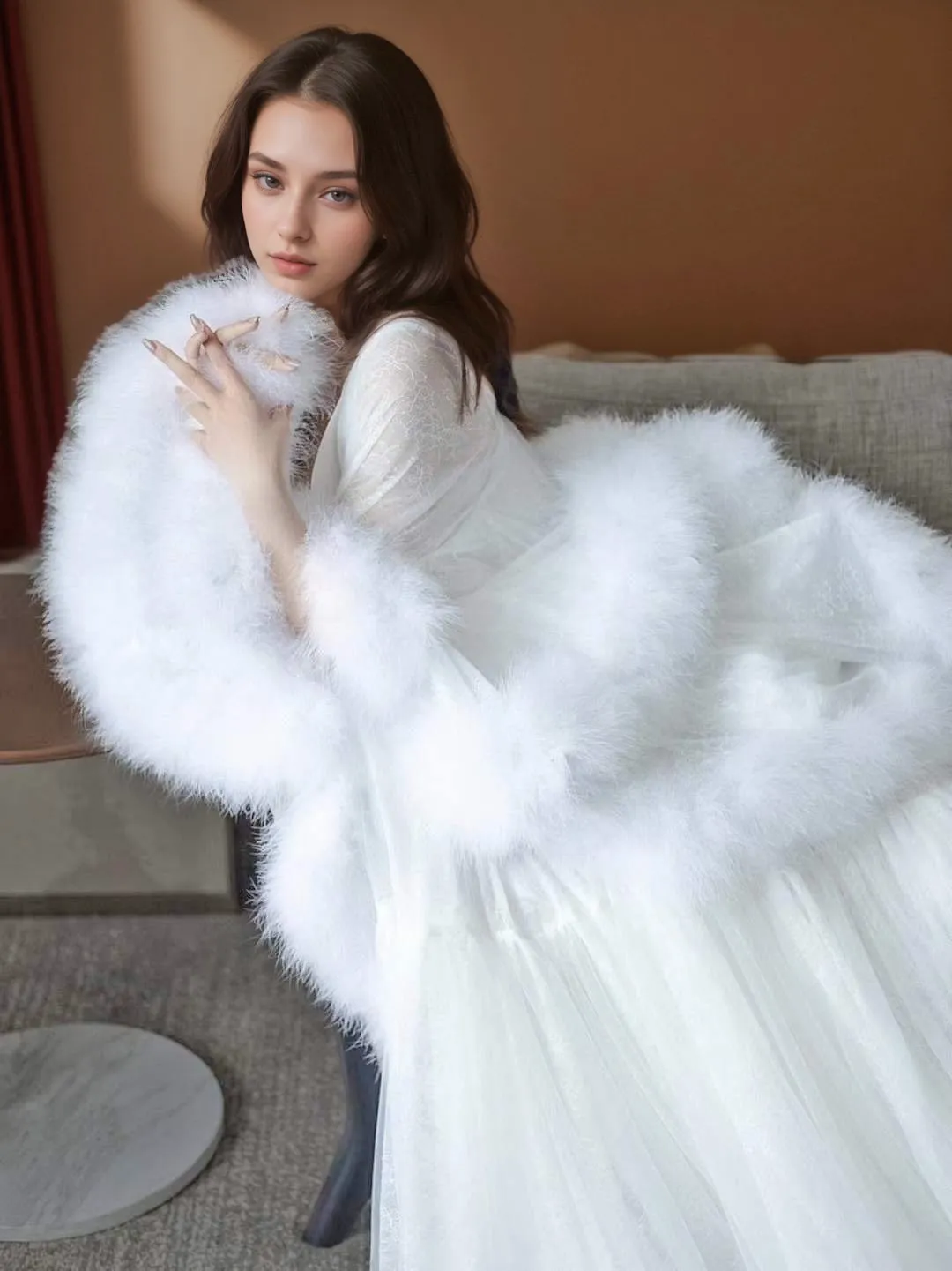 Luxury thick turkey feather fur fringe long bridal robe set with night gown