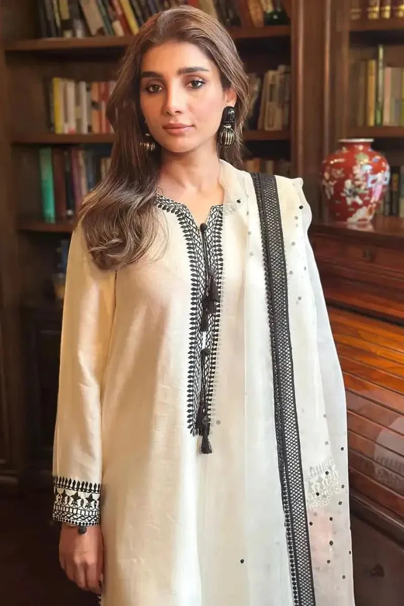 Maheen Trends - NEMOPHILA - Cream and Black - Organza & Cotton Silk - 3 Piece