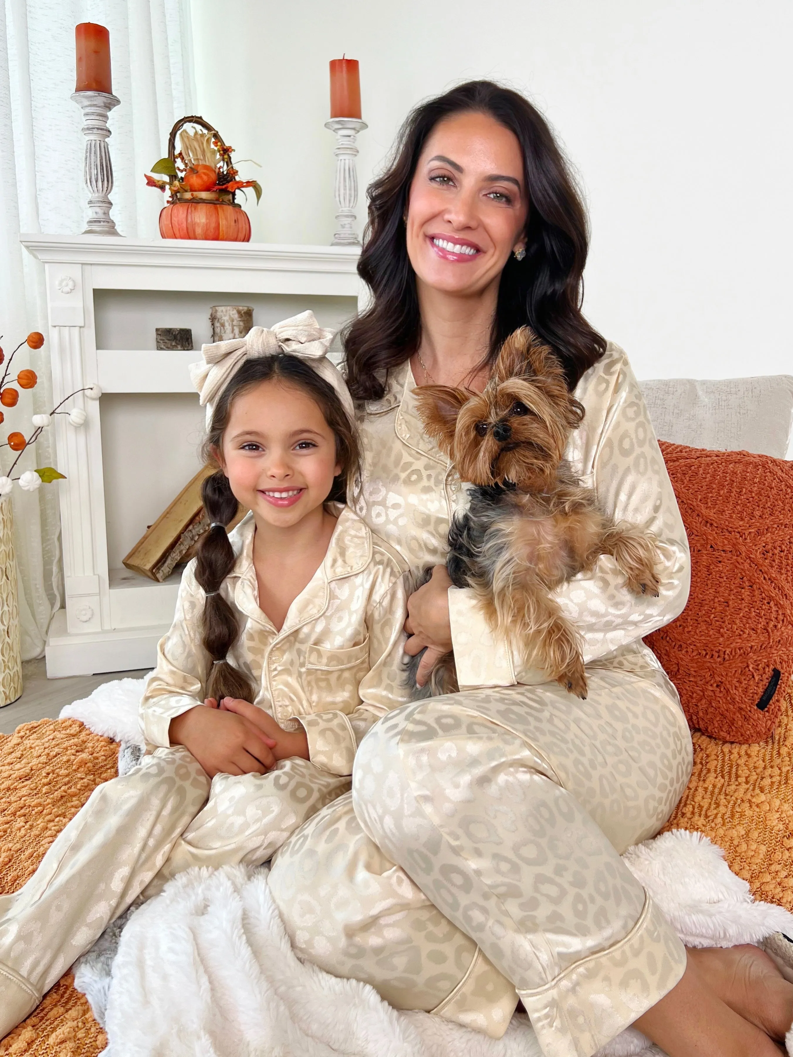 Mommy And Me Cream Leopard Print Silk Pajama Set