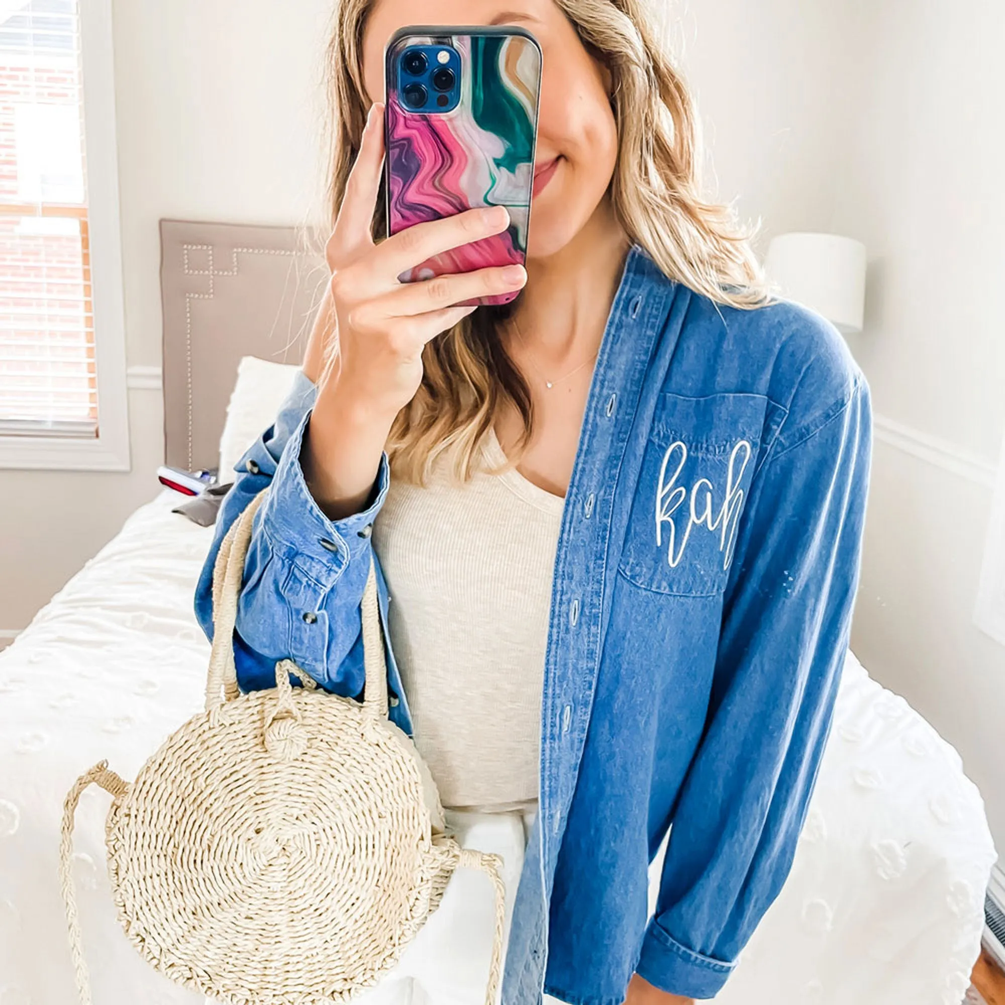 Personalized Bridesmaid and Bride Denim Button Up Shirt