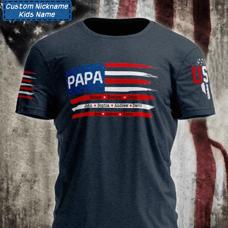 Personalized Grandpa with Grandkids American Flag T Shirt Printed on Sleeves Papa Shirt