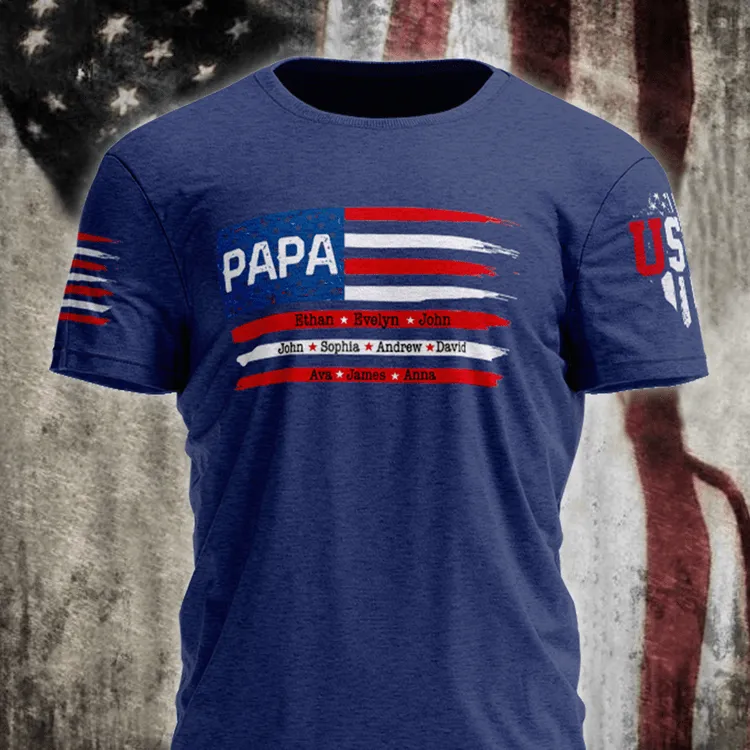 Personalized Grandpa with Grandkids American Flag T Shirt Printed on Sleeves Papa Shirt