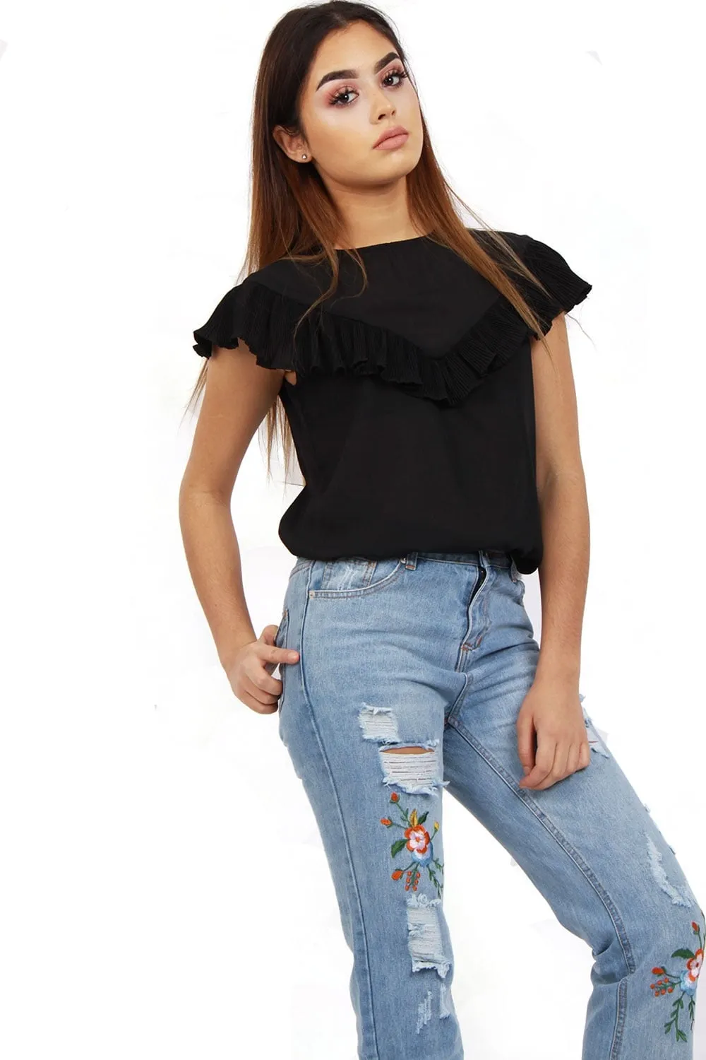 Pleated Ruffle Cap Sleeve Top