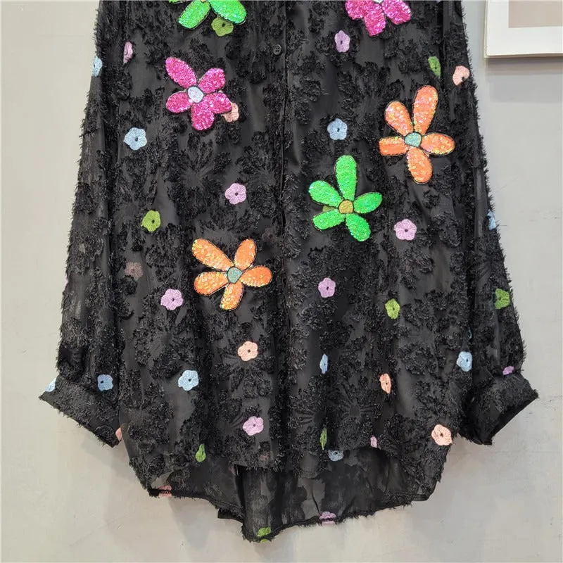 Pre Order:  Sequin Flower Loose Long Sleeve Thin Shirt