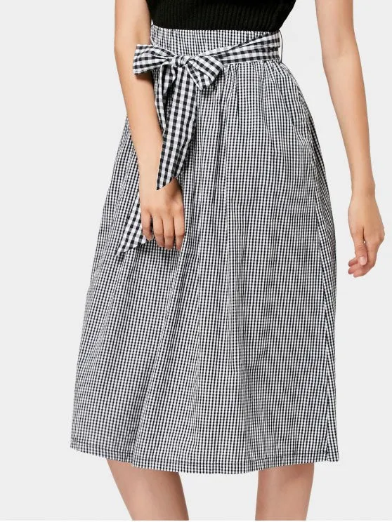 Pretty Belted Checked Midi A Line Skirt