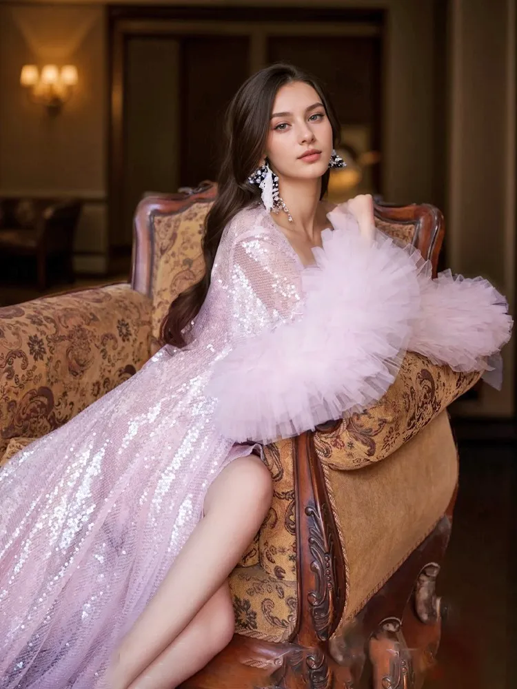 Ruffled tulle fringe hem sequin mesh long robe with sequin nightgown pink ivory