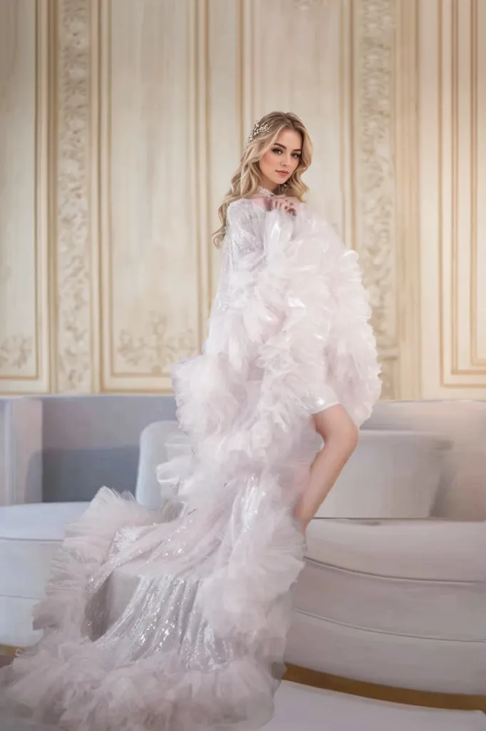 Ruffled tulle fringe hem sequin mesh long robe with sequin nightgown pink ivory