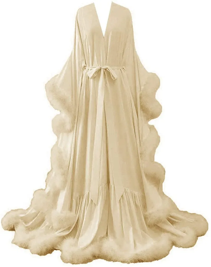 Luxurious Silky Satin Faux Turkey Fur Long Robe Dress with Feather Fringe Hem - Elegant Costume