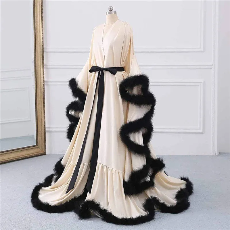 Luxurious Silky Satin Faux Turkey Fur Long Robe Dress with Feather Fringe Hem - Elegant Costume