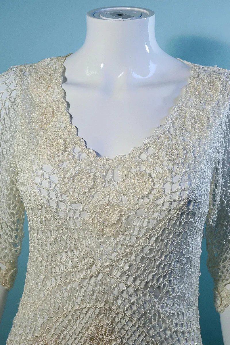 SOLD Y2K Vintage 90s Cream Crochet Beaded Fitted Party Dress S