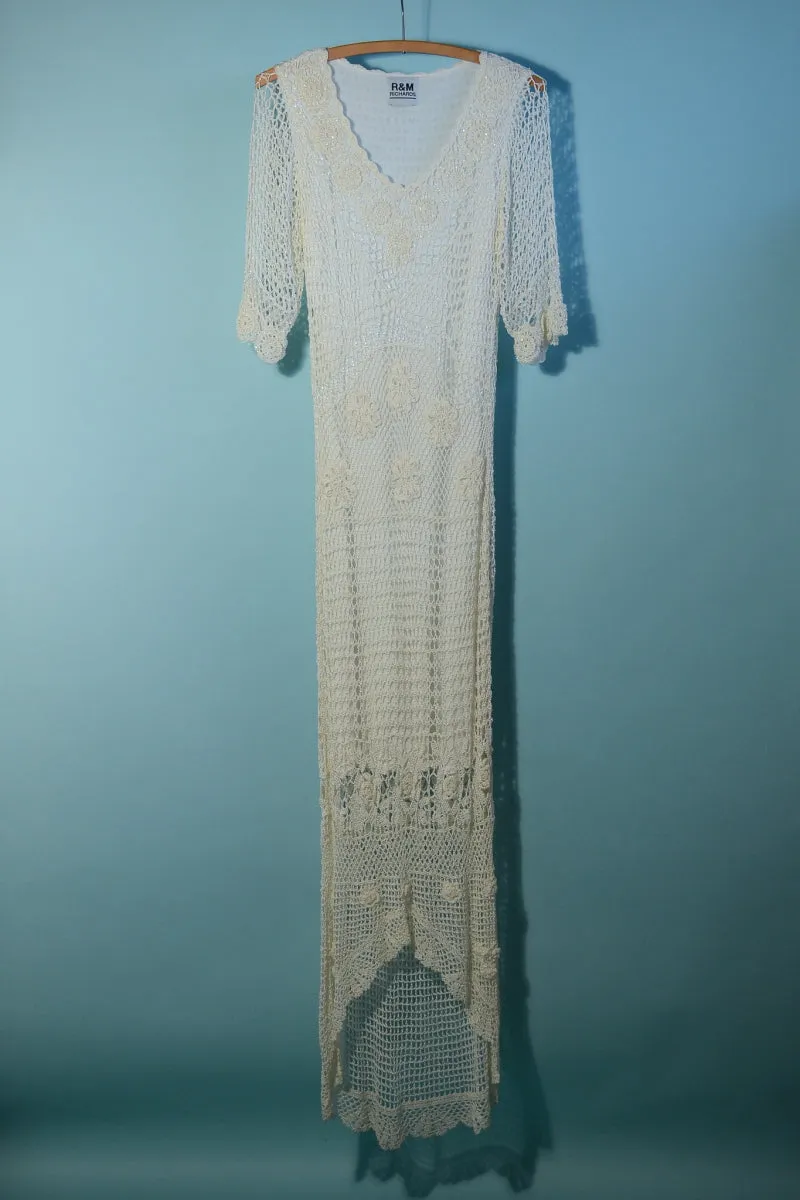 SOLD Y2K Vintage 90s Cream Crochet Beaded Fitted Party Dress S