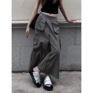 Streetwear Cargo Skirts Women Y2K Vintage Pockets A Line Skirt Harajuku Korean High Waist Slit Zipper Casual Chic Skirts