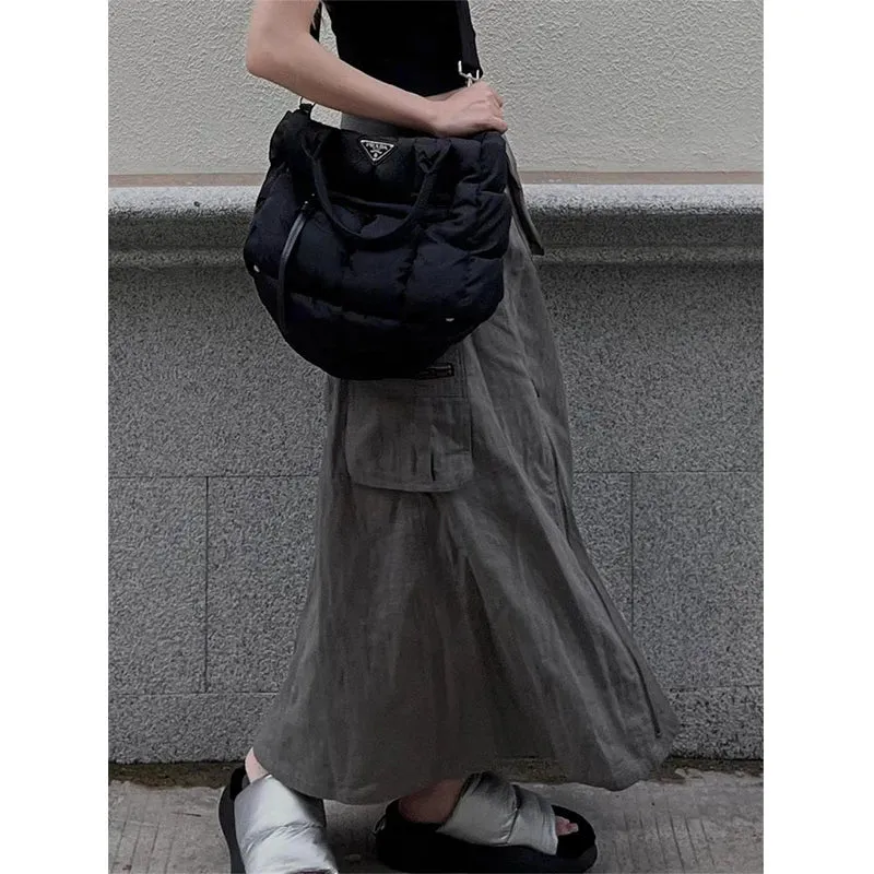 Streetwear Cargo Skirts Women Y2K Vintage Pockets A Line Skirt Harajuku Korean High Waist Slit Zipper Casual Chic Skirts