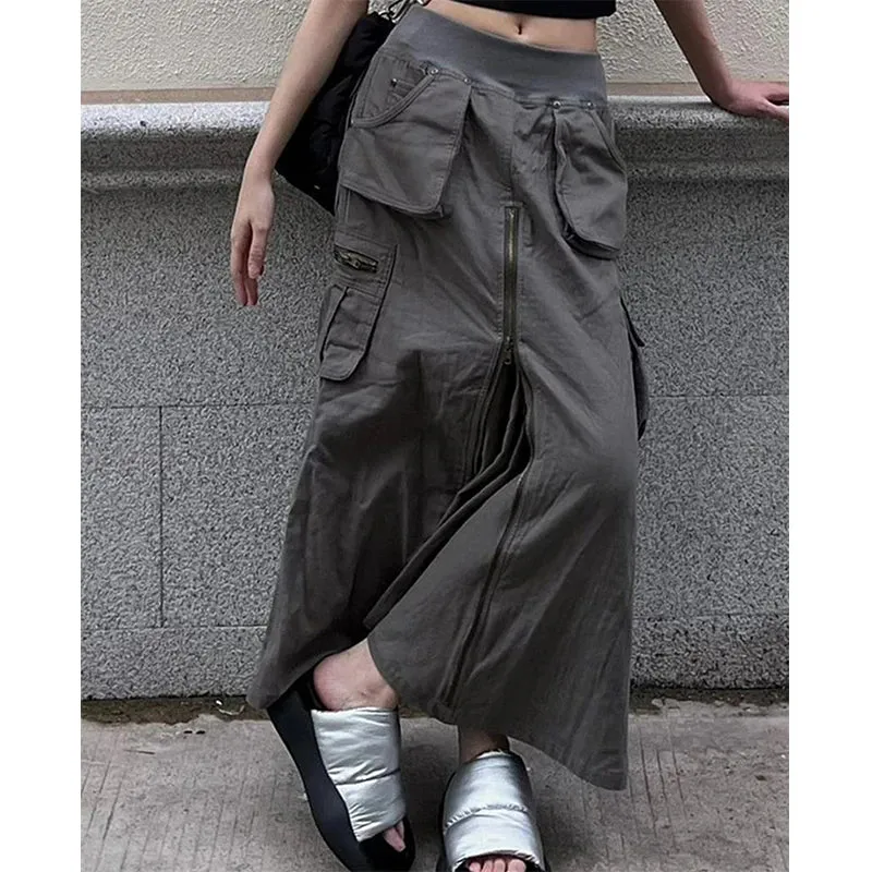 Streetwear Cargo Skirts Women Y2K Vintage Pockets A Line Skirt Harajuku Korean High Waist Slit Zipper Casual Chic Skirts