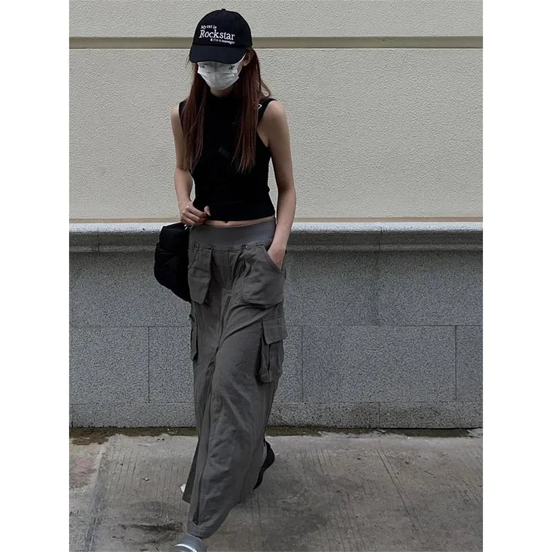 Streetwear Cargo Skirts Women Y2K Vintage Pockets A Line Skirt Harajuku Korean High Waist Slit Zipper Casual Chic Skirts