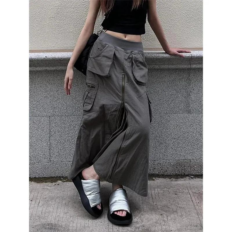 Streetwear Cargo Skirts Women Y2K Vintage Pockets A Line Skirt Harajuku Korean High Waist Slit Zipper Casual Chic Skirts