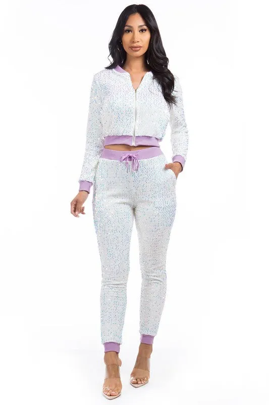 TEEK - WHITE SEQUIN TWO PIECE PANT SET