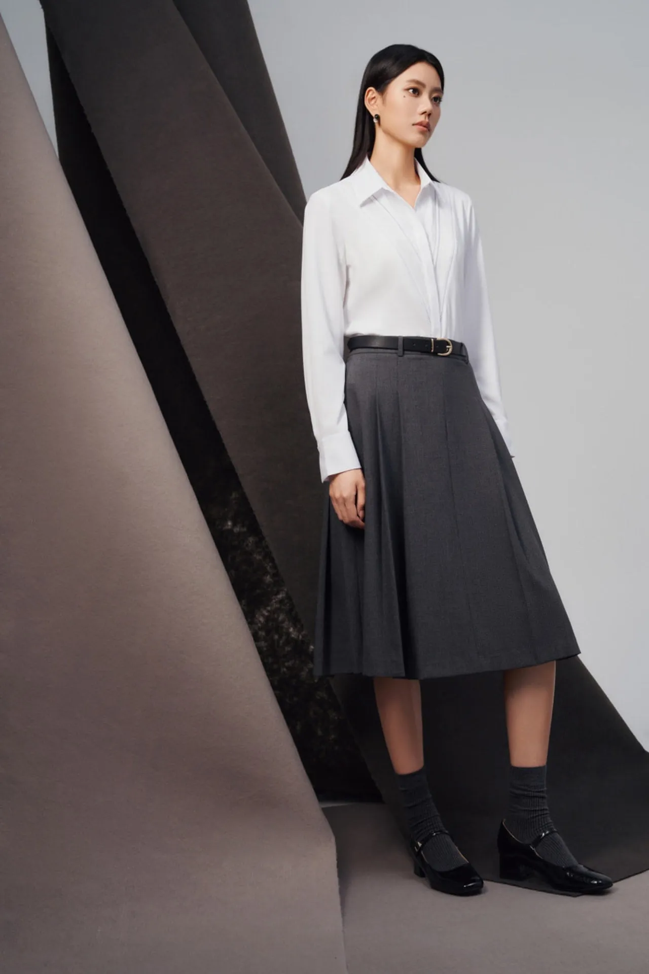 Twill A-line Midi Skirt With Belt