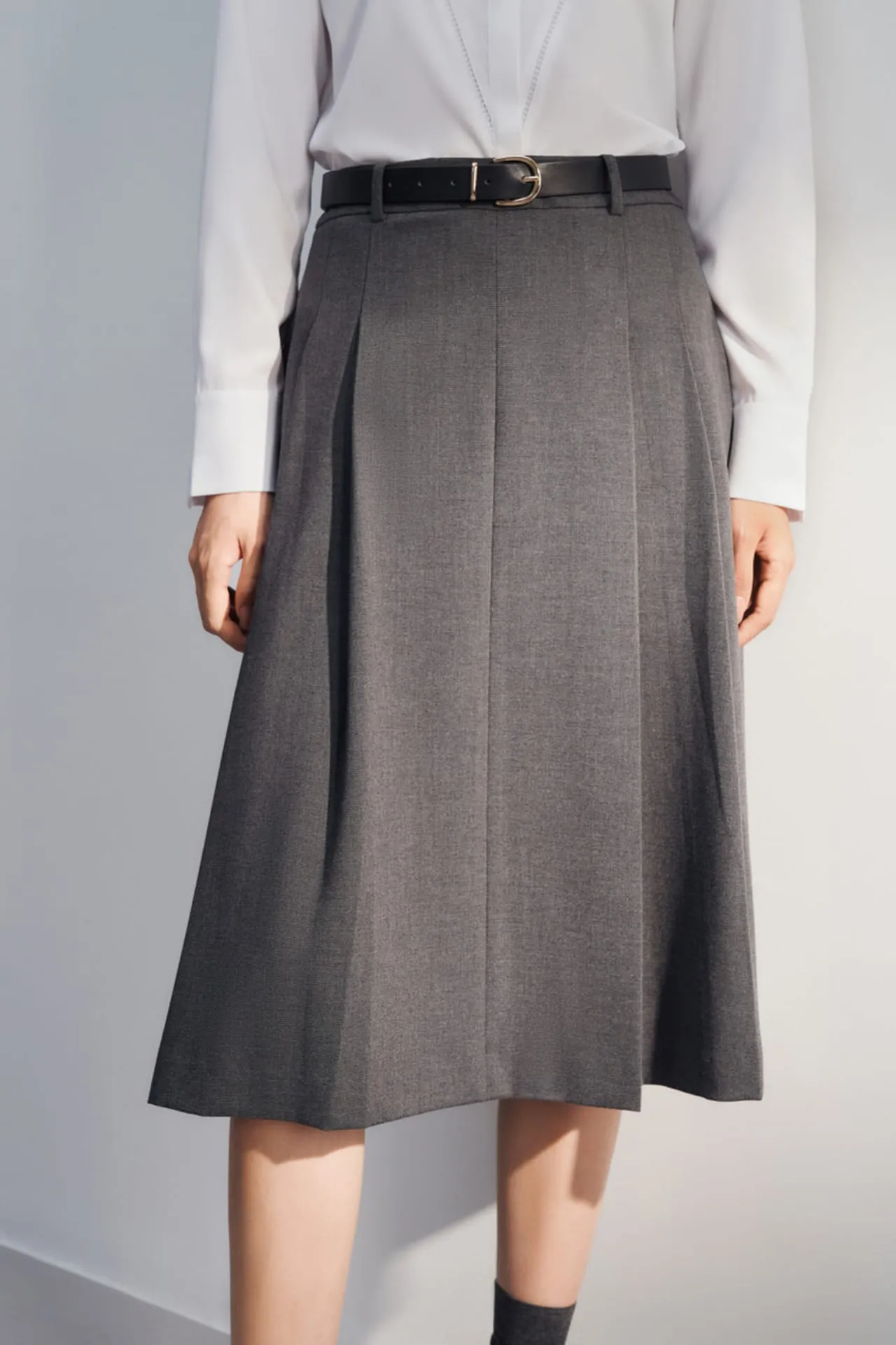 Twill A-line Midi Skirt With Belt