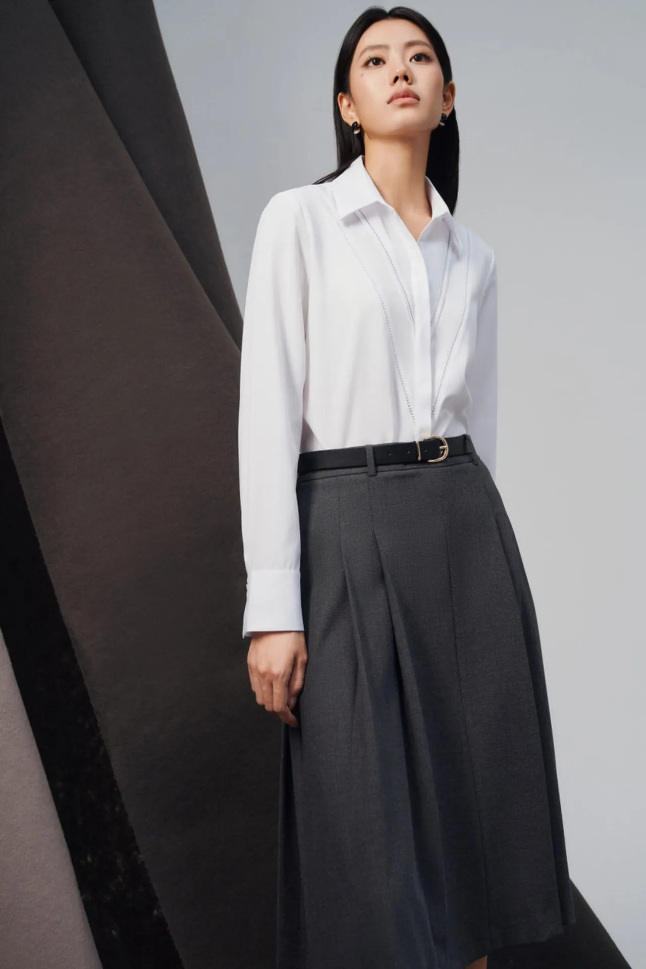 Twill A-line Midi Skirt With Belt