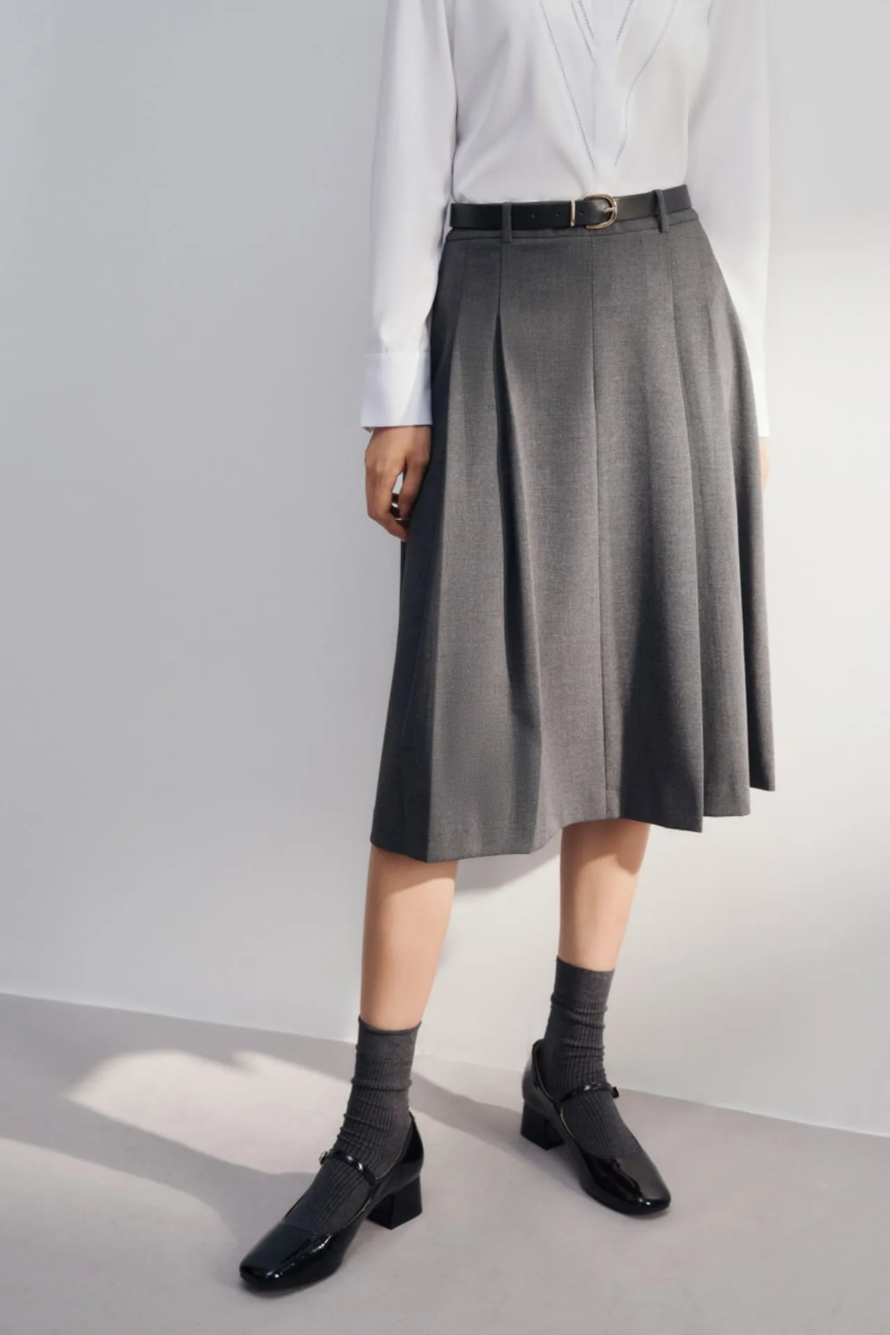 Twill A-line Midi Skirt With Belt