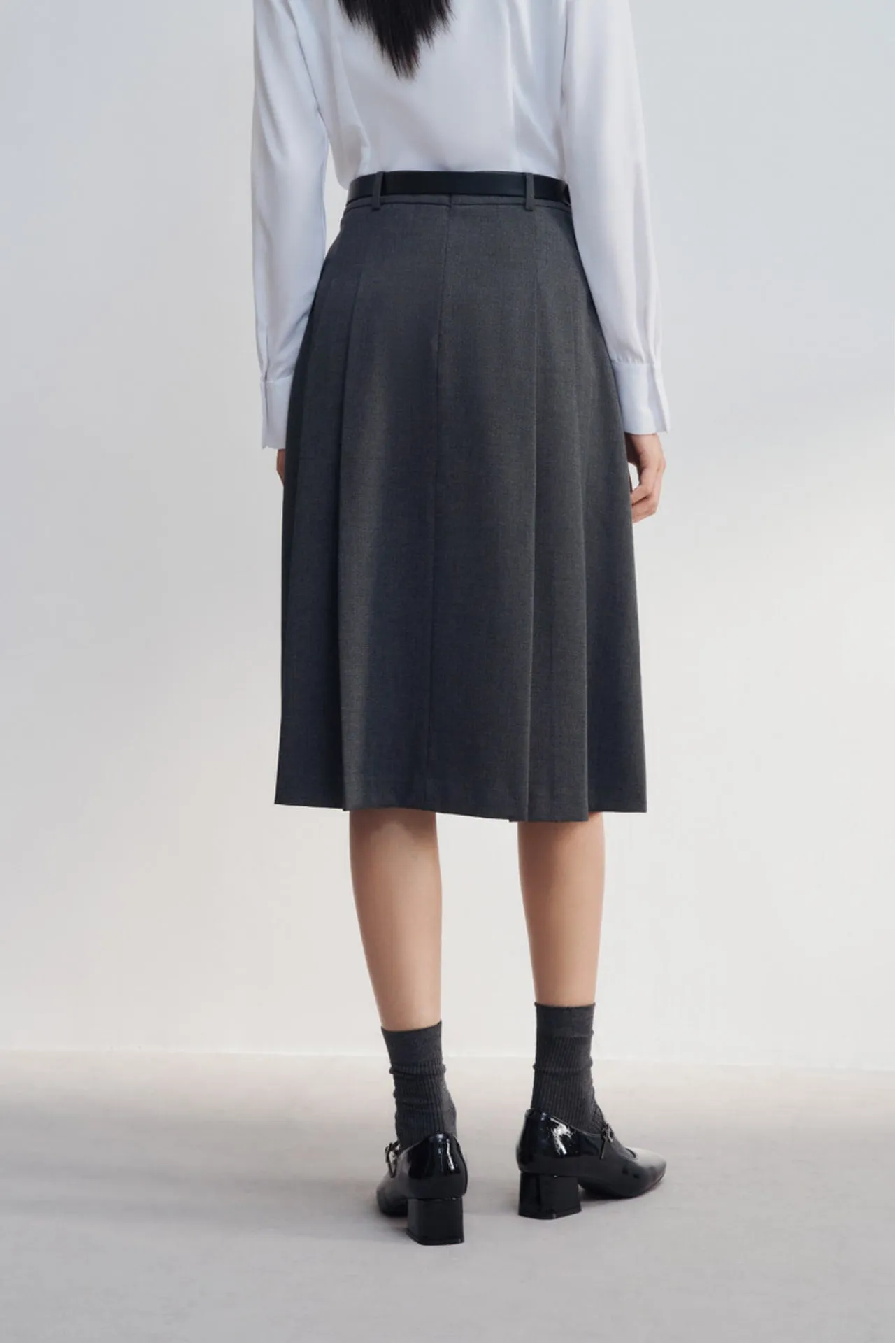 Twill A-line Midi Skirt With Belt