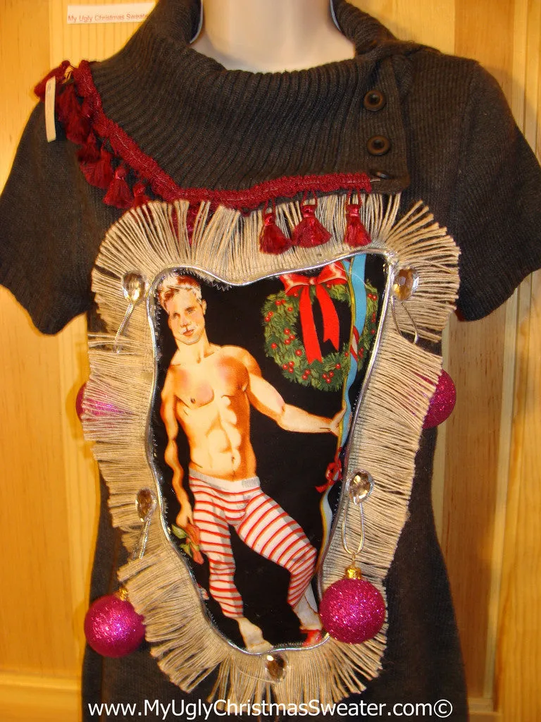 Ugly Christmas Sweater Party Tacky Dress Hottie Guy & Real Ornaments (d74)