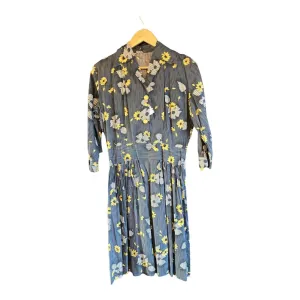 Vintage Cotton Grey And Yellow Floral Long Sleeved Dress UK Size 14