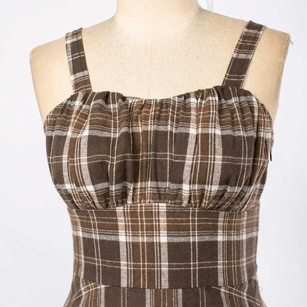 Vintage Two-Way Defined Waist Dress Ruched Bodice Flared Plaid A-Line Dress