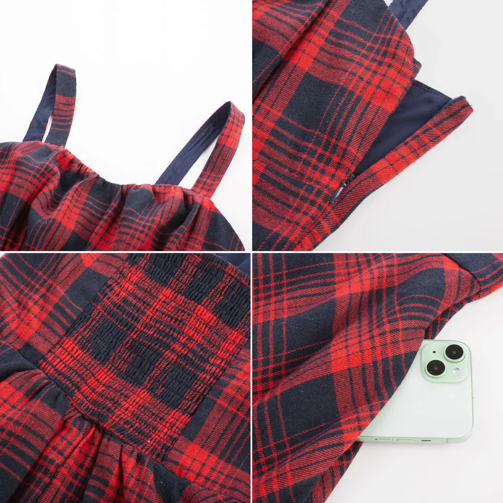 Vintage Two-Way Defined Waist Dress Ruched Bodice Flared Plaid A-Line Dress