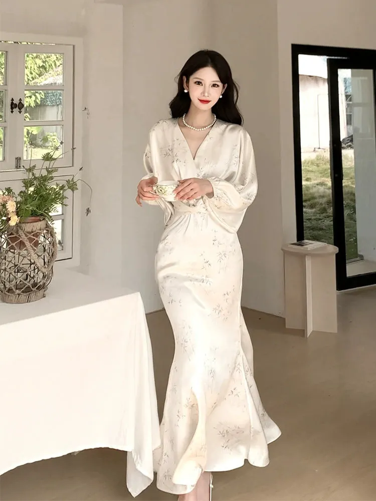 white long-sleeved satin dress long party dress      S5971