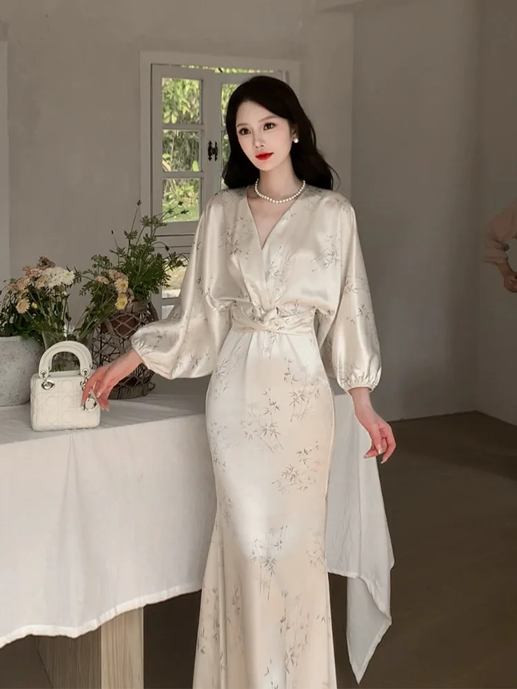 white long-sleeved satin dress long party dress      S5971