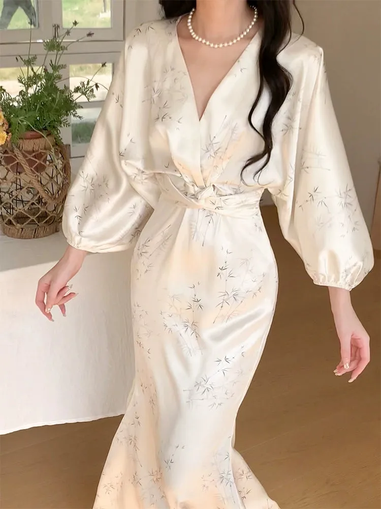 white long-sleeved satin dress long party dress      S5971