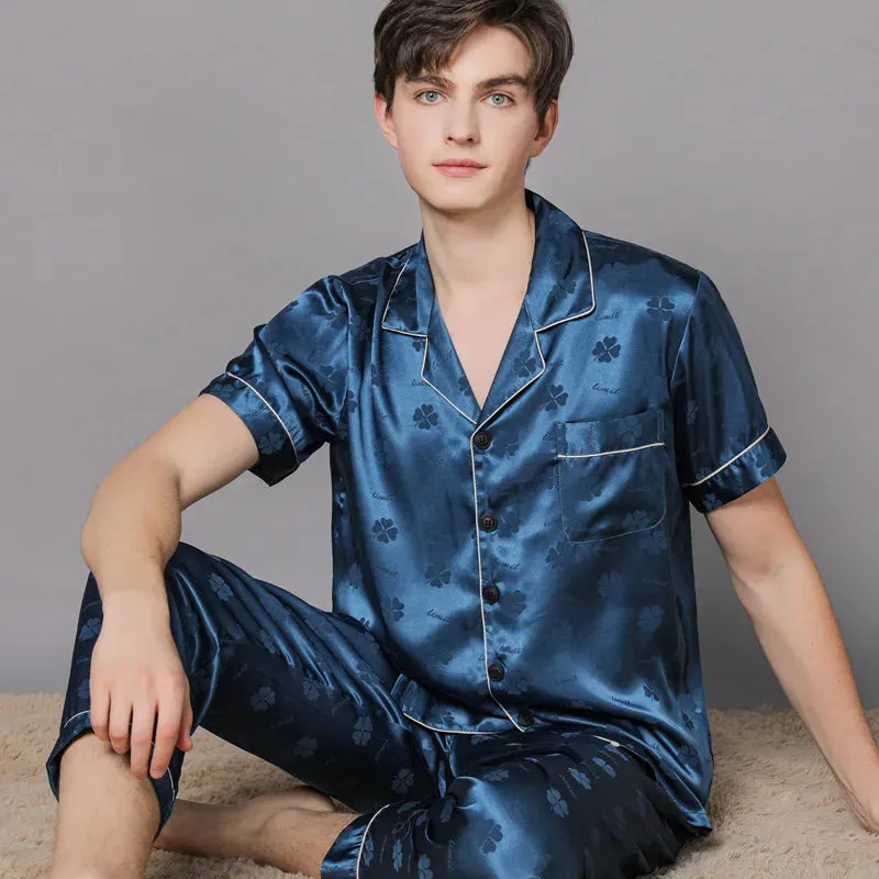 WIAOFELLAS Men Ice Silk Pajamas Suit Summer Plus Size Satin Thin Plaid Pyjamas Male Home Clothes Fashion Print High Quality Sleepwear Boy