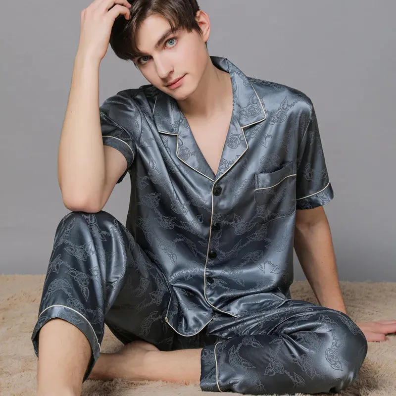 WIAOFELLAS Men Ice Silk Pajamas Suit Summer Plus Size Satin Thin Plaid Pyjamas Male Home Clothes Fashion Print High Quality Sleepwear Boy