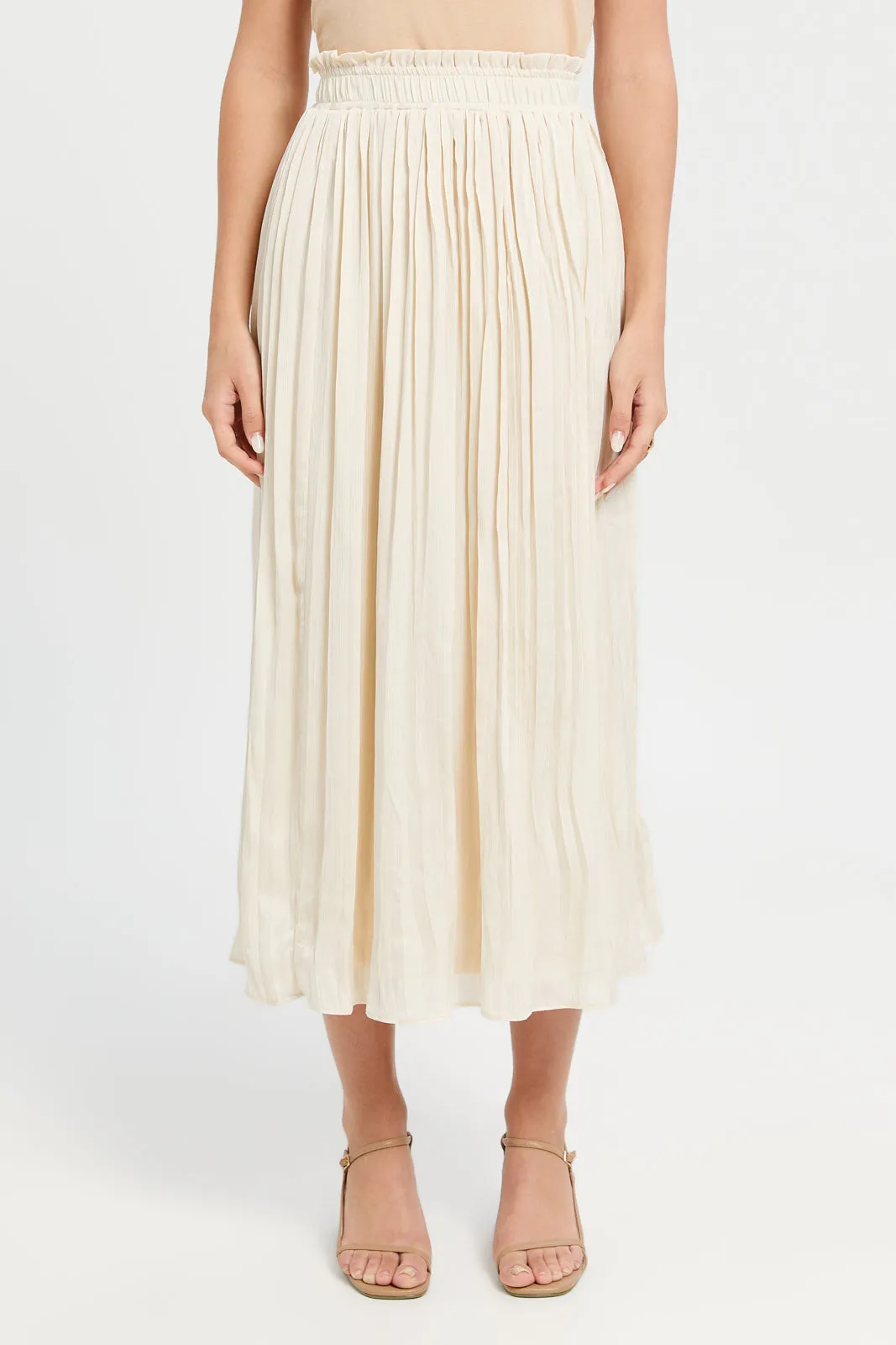 Women Beige Crinkled Pleated Skirt