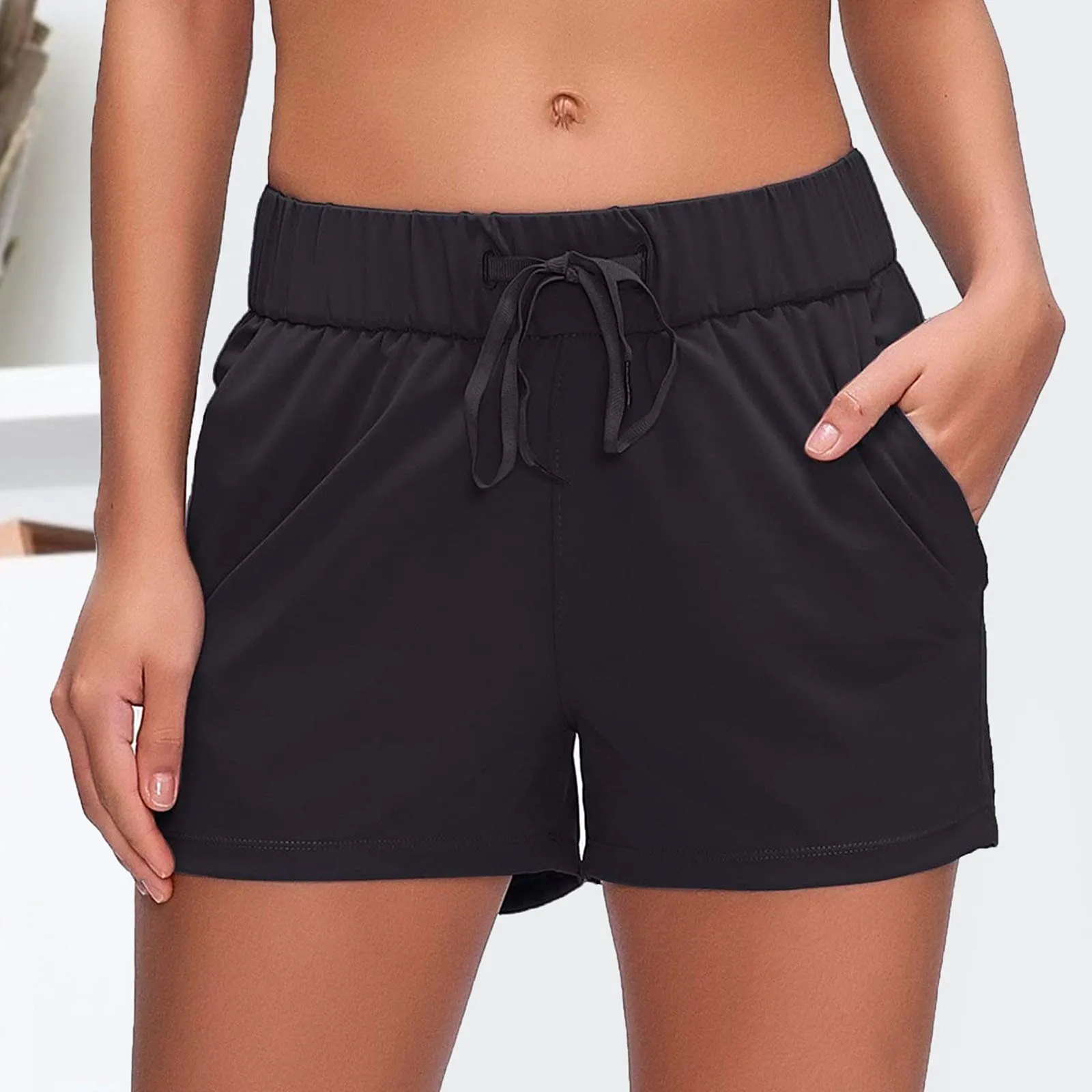 Yundan Womens High Waisted Shorts Drawstring Elastic Waist Running Summer Black